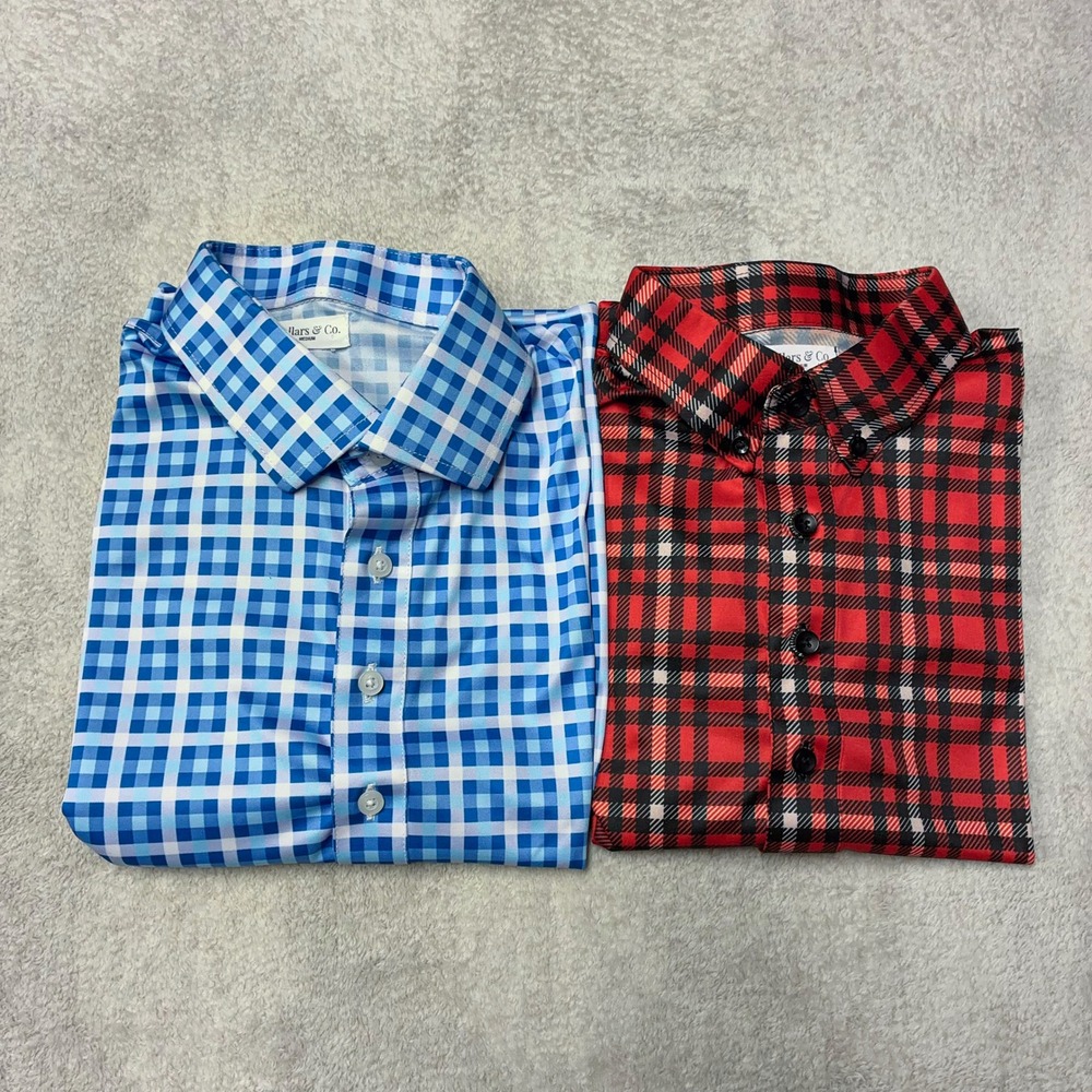 Collars & Co Dress Collar Polo Shirt Blue Red Tartan Plaid Lot of 2 Mens Medium